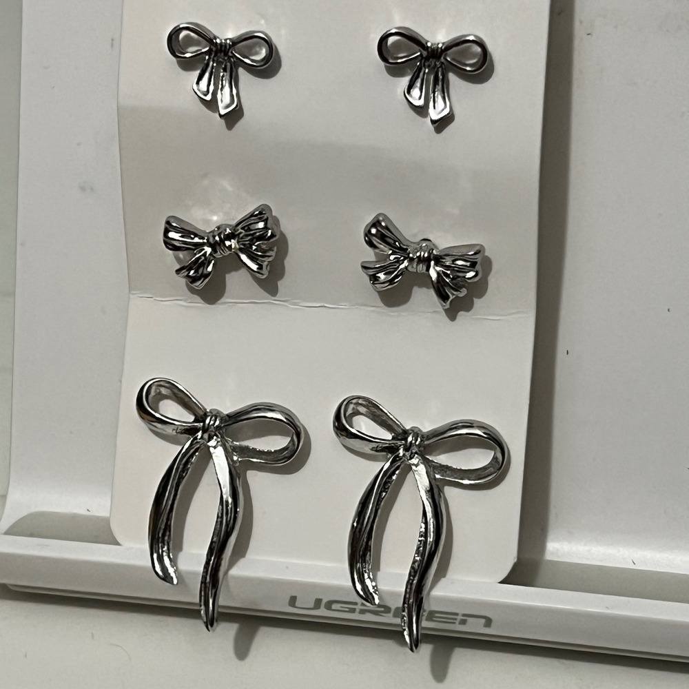 Silver Tone Bow Stud Earrings Set Dainty Bow Knot Dangle‎ Earring Set Women